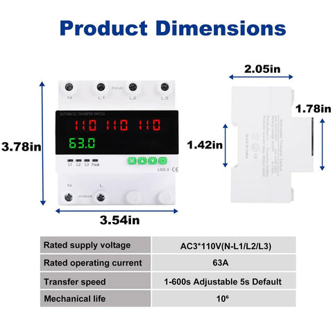 63A 110/120V Triple Power Automatic Transfer Switch For Seamless Backup Power Switching Between Utility Power, Generator, And Inverter With Overcurrent, Overvoltage, And Undervoltage Protection, front view with dimensions