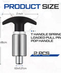 Two Pack Spring Loaded T Handle Pull Knobs With Badass Grip Built Tough As Nails For Welding Tables And Garage Shelves Locking Steel Shank Shock Proof Plastic Design Half Shank 3 15 Inches Long displayed with dimensions.