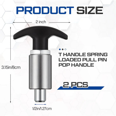 Two Pack Spring Loaded T Handle Pull Knobs With Badass Grip Built Tough As Nails For Welding Tables And Garage Shelves Locking Steel Shank Shock Proof Plastic Design Half Shank 3 15 Inches Long displayed with dimensions.