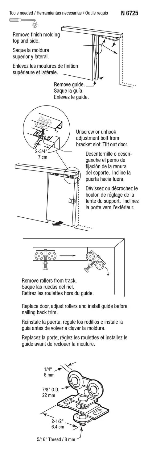 Straight Shooter Pocket Door Top Roller Assembly With Heavy Duty Adjustable Bracket And Seven Eighths Inch Nylon Twin Wheel instructions and dimensions.