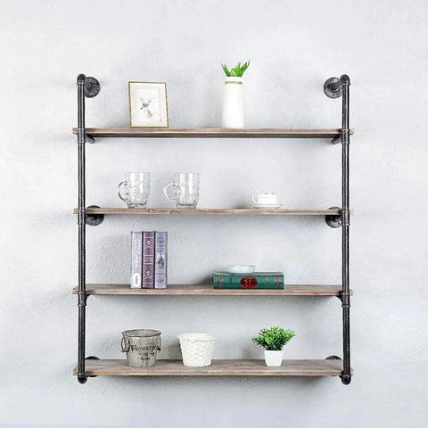 Industrial Black Pipe Shelf Kit 5 Tier Open Wall And Ceiling Mounted Bookshelf with decor items displayed, side view.