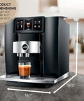 Top Shelf Automatic Espresso Machine Featuring Giant Interactive Touchscreen And Single Button Operation In Sleek Diamond Black Finish, dimensions shown.