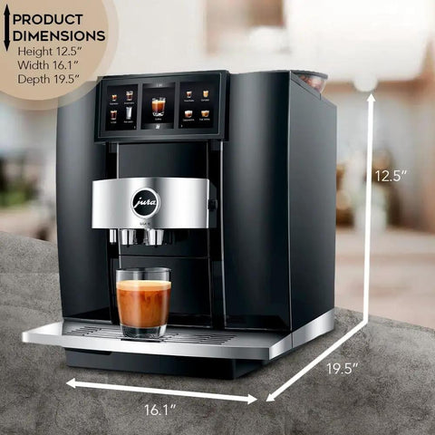 Top Shelf Automatic Espresso Machine Featuring Giant Interactive Touchscreen And Single Button Operation In Sleek Diamond Black Finish, dimensions shown.