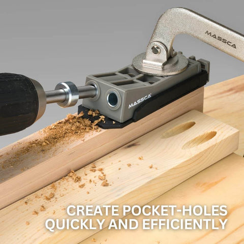 Pocket Hole Jig Kit With Magnetic Quick Adjust Base for fast accurate woodworking joinery, shown creating pocket-holes in wood.