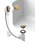 Top Shelf 35 Inch Cable Driven Bath Drain Trim Kit With Rotary Overflow Cover And Smooth Pop Up Stopper Featuring Schedule 40 PVC Construction And Slick Champagne Bronze Finish showing components installed in a bathtub.