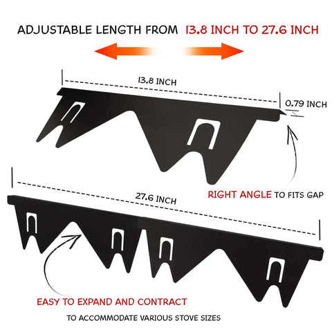 Diagram showing adjustable Two Pack Stove Gap Covers from 13.8 to 27.6 inches for between stove and counter, easy clean heat resistant.