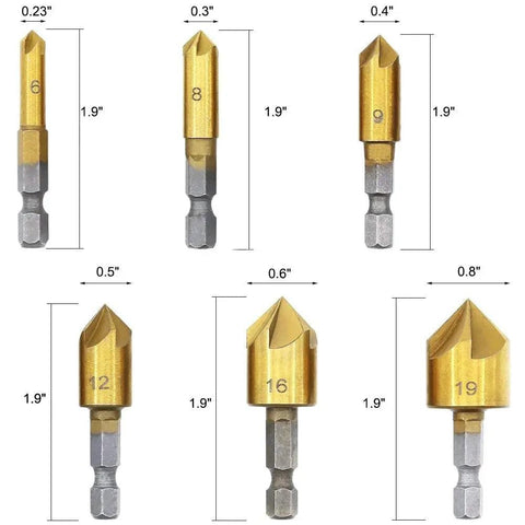 All In One Woodworking Drill Bit Set With Countersinks And Plug Cutters Hex Shank HSS 5 Flute 90 Degree Bits sizes 6-19 mm