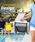 Person holding E10 Automatic Robotic Pool Vacuum Cleaner With Active Scrub Brush and Easy Top Load Filter Access by a pool.