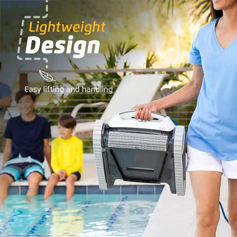 Person holding E10 Automatic Robotic Pool Vacuum Cleaner With Active Scrub Brush and Easy Top Load Filter Access by a pool.