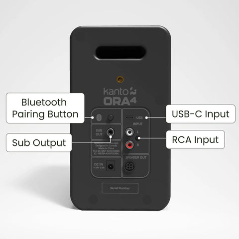Back panel of ORA4 Powered Bluetooth Desktop Speakers Pair Matte Black showing inputs and Bluetooth pairing button.
