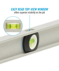 Heavy Duty 72 Inch Aluminum I Beam Level With Three High Contrast Vials And Clear Top View Window showing easy read window for visibility.