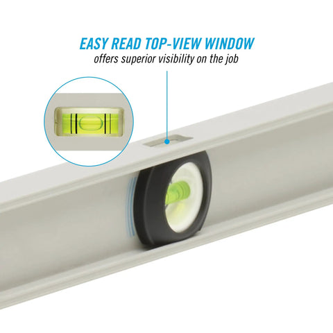 Heavy Duty 72 Inch Aluminum I Beam Level With Three High Contrast Vials And Clear Top View Window showing easy read window for visibility.