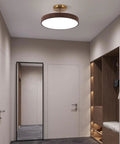 Japanese Style Led Close To Ceiling Light Fixture With Imitation Wood Grain Texture And Sleek Metal Ring for hallway illumination.