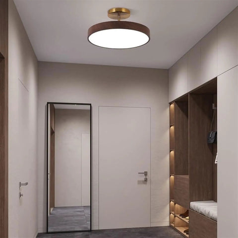 Japanese Style Led Close To Ceiling Light Fixture With Imitation Wood Grain Texture And Sleek Metal Ring for hallway illumination.