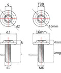 Technical diagram of Premium Titanium Torx Head M6 Bolts Set For Bikes Motorcycles And Cars, showing dimensions and T30 Torx drive