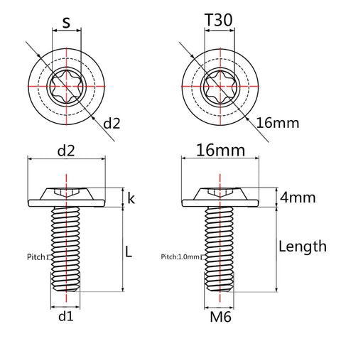 Technical diagram of Premium Titanium Torx Head M6 Bolts Set For Bikes Motorcycles And Cars, showing dimensions and T30 Torx drive