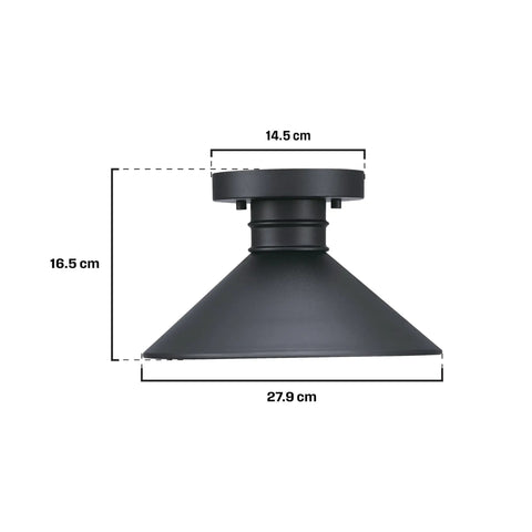 Side view of Rustic Arts And Crafts Outdoor One Light Semi Flush Mount Ceiling Light, 11 Inch, Textured Black Finish, dimensions labeled