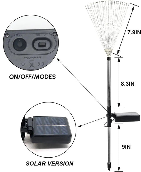 Diagram of Colorful Solar Garden Firework Lights 4 Pack Outdoor Waterproof 120 LED Sparklers showing dimensions and solar panel.