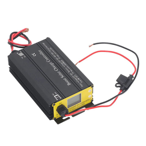 Heavy Duty Mppt Solar Charge Controller With Four Digit Display And High Efficiency Boost Technology For Rv Camper Van And Off Grid Power Zero Sweat Setup, angled view with wires.