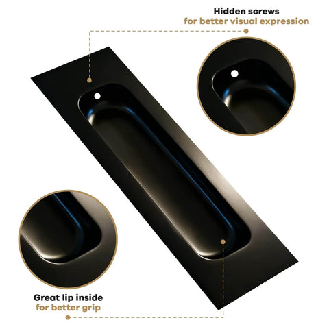 Matte Black Pocket Door Hardware With Recessed Flush Finger Pull, 304 Stainless Steel Sliding Door Handle, flush front view.