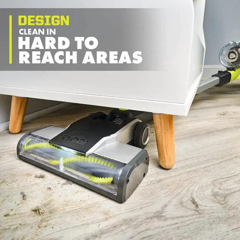 Heavy Hitting Cordless Stick Vacuum Cleaner With 18 Volt Battery And Quick Charger, cleaning under low furniture on hardwood floor.