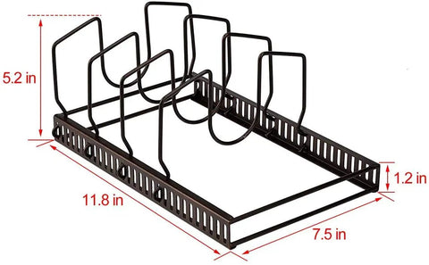 Sturdy Pot Lid Storage Rack With Seven Adjustable Compartments For Countertops And Cabinets Keeping Bakeware Pan Covers And Plates Super Secure Zero Hassle Kitchen Game Changer Slick Design Brown, dimensions labeled.