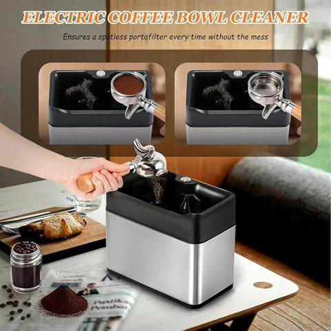 Slick Automatic Electric Espresso Knock Box For No Sweat Portafilter Cleaner And Efficient Coffee Grounds Cleanup in use on café table.