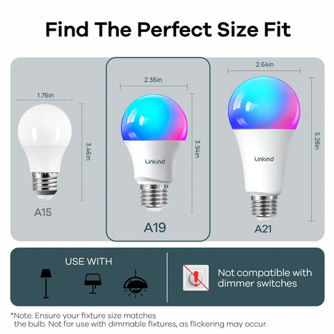 Size comparison of LED light bulbs with A19, A15, and A21 sizes for Smart LED Light Bulbs You Can Control With Alexa And Google Assistant.