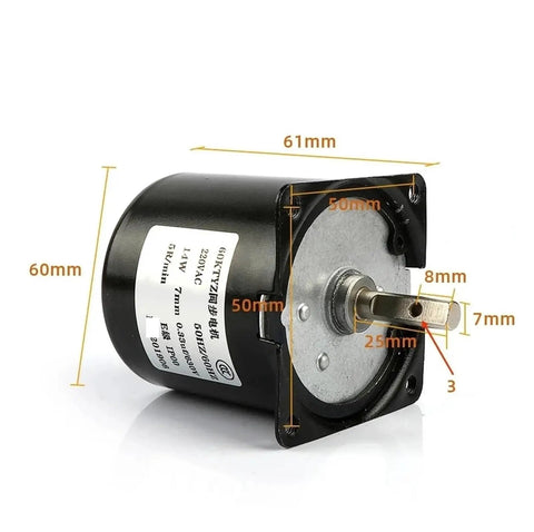 Low Speed 220V AC 14W Permanent Magnet Synchronous Gear Motor 60KTYZ 50Hz Ultra Quiet High Torque Easy To Install And Disassemble Reliable Gearbox Drive For Household Appliances And DIY Projects in black metal casing with size annotations.