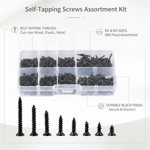 Self-Tapping Screw Set For Wood, Plastic And Thin Sheet Metal Repairs With Durable Storage Case, assorted screws displayed