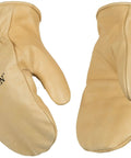 Heavy Duty Full Grain Cowhide Cold Weather Mittens Built Dang Tough With Heat Keep Thermal Insulation and Easy Pull On Cuff displayed.