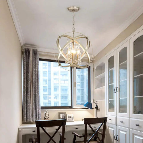 Four Lights Crystal Cage Chandelier With Modern Globe Metal Pendant Lighting in a stylish home office setting.