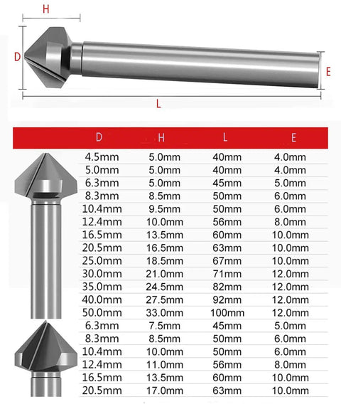 Industrial M2 HSS Countersink Drill Bits Set For Stainless Steel Metal Aluminum And Wood 90 Degree 3 Flutes For Flush Screw Heads And Deburring DIY Kit dimensions chart