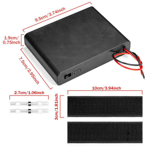 2PK 6AA Battery Holder Bringing You A Knockout 9V Charge with toggle switch, hook leads, and dimensions clearly marked.
