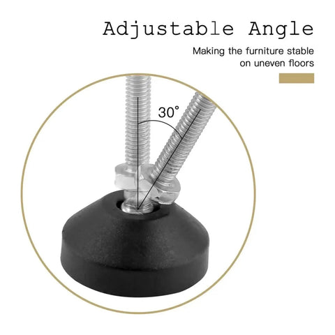 Four Piece Universal Adjustable Furniture Leveling Feet With Heavy Duty Swivel Base And Screw Thread Glides M8 M10 M12 Set showing adjustable angle for stability.