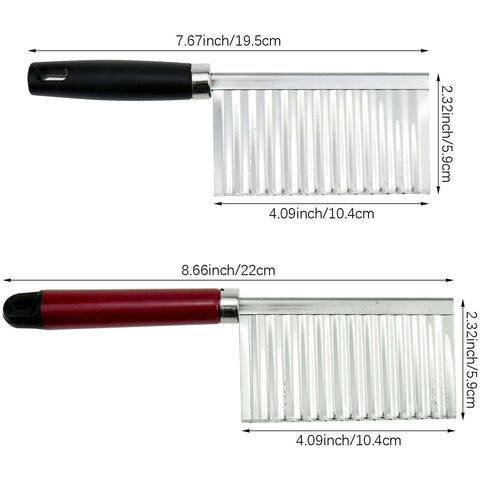 Front view of 2-pack crinkle cutter set with black and red handles, stainless steel wavy blades, about 7.7 in long