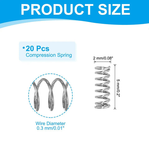 Tiny 304 Stainless Steel Compression Springs With 0.3mm Wire And 2mm O.D. For Pen Repairs And DIY Projects In A 20 Piece Shop Kit That Works Great. 20 pcs, 5 mm long, 304 stainless steel compression spring diagram