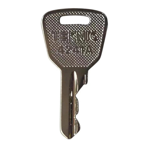 Six 4241A Ignition Keys With Loreto Logo In Silver Metal Replacement Key Set For Lifts And Elevating Platforms, Durable Cross-Hatch Head Keys, 6 Pack Included, TEKNIC 4241A close-up