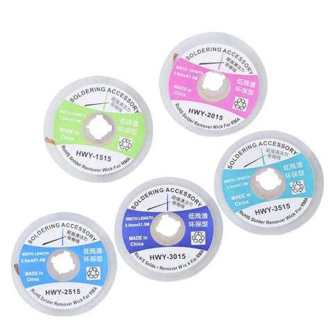 Five rolls of Pro Grade Desoldering Wick Bundle For Electronics Repair Copper Solder Braid 1.5m lengths, various sizes, tin coated.