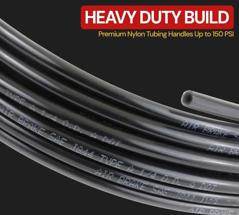 3/16 Inch OD X 100 Foot Black Nylon Air Brake Tubing SAE J844 DOT Compliant, close-up of heavy-duty black nylon tubing