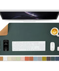 Dual Sided Desk Mat With Eco Friendly Cork And PU Leather Surface For Office And Home Large 90 Cm By 43 Cm Desk Pad Dark Green with keyboard and coffee cup