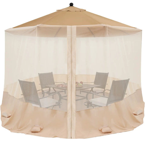 7.5 to 11 Foot Patio Umbrella Mosquito Netting, Polyester Screen Mesh with Zipper Door and Weight Bag installed over table