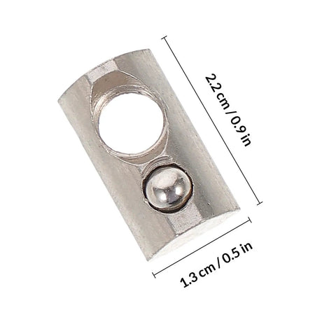 Twenty Piece Pro Grade Elastic T Nuts And Spring Loaded Fasteners For Aluminum Extrusions And 3D Printer Assemblies close-up of a silver spring loaded T nut measuring 2.2cm x 1.3cm.