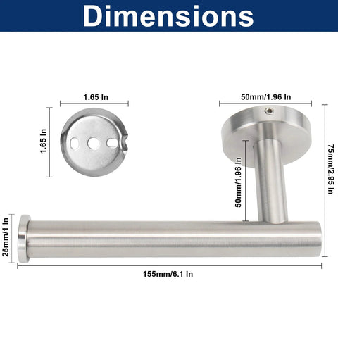Dimensions of Stainless Steel Toilet Paper Holder Wall Mounted 6 Inch Length SUS304 Rustproof Brushed Nickel Finish with anti-rotation bracket.