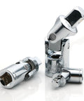 Three-piece universal joint set for ratchet sockets; chrome-vanadium steel, 1/4, 3/8, and 1/2 in drives