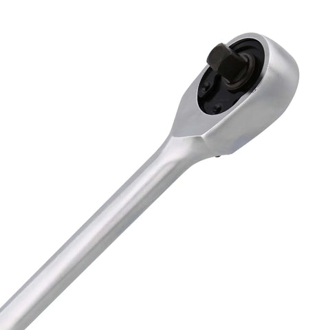 Close-up of 90T 1/4 Inch Drive Ratchet With Reversible Flex Head And Ergonomic Handle For Auto Repairs, chrome finish