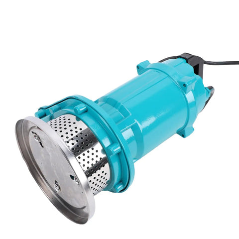Heavy Duty Stainless Steel Submersible Sump Pump With Solid 370W Drive Motor For Basement Drainage And Pond Flow Portable 110V Utility Water Pump shown from side, highlighting shiny steel screen.