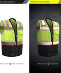 Kickass High Visibility Safety Vest For Women Featuring Extra Thick Reflective Silver Stripes, mesh fabric in activated and non-activated states.