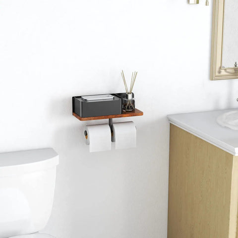 Toilet Paper Holder With Shelf Dual Roll And Wipes Dispenser for bathroom wall, black metal and wood with aromatherapy items.