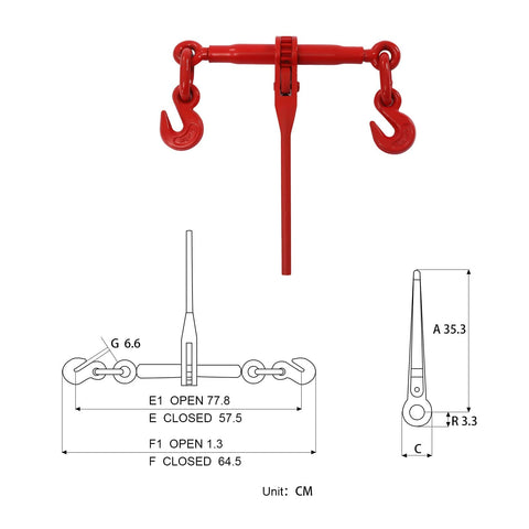 Red ratchet binder with G70 hooks for Heavy Duty Tie Down Kit With 5/16 To 3/8 Inch Chains And Ratchet Binders, 5400 Lbs Safe Working Load.